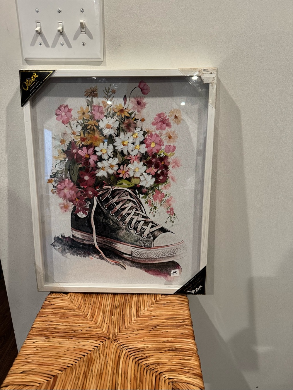 Framed Canvas Art - charcoal Sneaker with Pink & White Flowers 16x20
